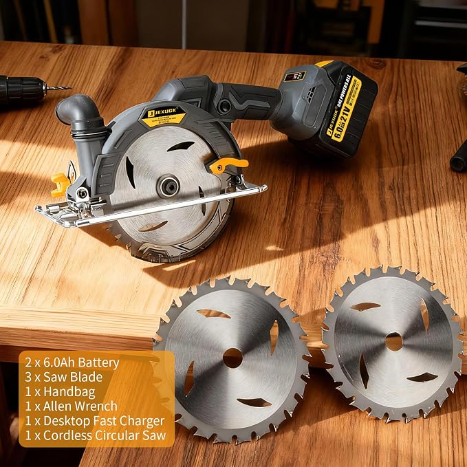JEXUGK 6-1/2" Circular Saw, Cordless Sierra Circular Inalambrica with 2 x 6.0AH Battery,Brushless Electric Power Circle Saw with 3 Blade Cutting Precise Wood for Max Cut Depth 2-1/4"(90°)1-7/16" (45°)