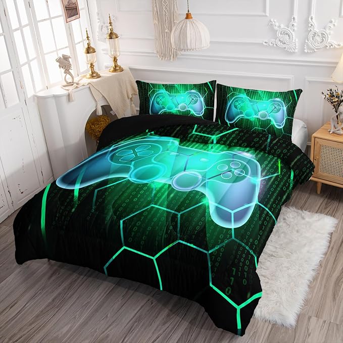 Axolotl Gamepad Comforter Set King Size,Number Video Gaming Gamer Bedding Set,Boys Game Console Comforter,Geometry Hexagonal Bedding for Teens Men Adults,1 Quilt 2 Pillowcases,Green Black