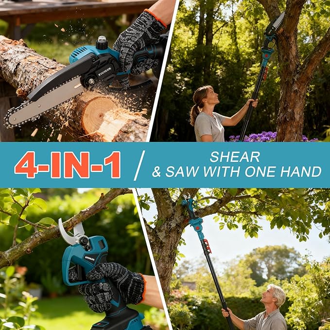 Cordless Electric Pole Saw & Pruning Shears Kit, 4-in-1 Tree Trimming Tool with 7FT Extendable Pole, 6 Inch Branch Cutter, 2×4.0Ah Battery Powered Pruner for Garden Orchard Yard