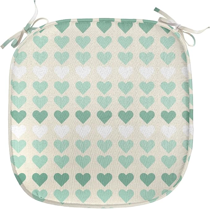 Lunarable Aquamarine Chair Seating Cushion Set of 6, Romantic Pattern with Heart Shapes in Rows, Anti-Slip Seat Padding for Kitchen & Patio, 16"x16", Champagne Laurel Green