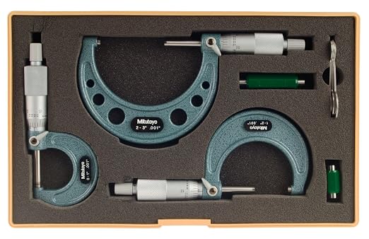 Mitutoyo 103-929 Outside Micrometer Set with Ratchet Stop and Standards, 0-3" Measuring Range, 0.001" Graduation, Includes 3 Precision Pieces for Accurate Measurement | Ratchet Stop, Includes Standards, 0.001" Graduation, 3 Precision Pieces