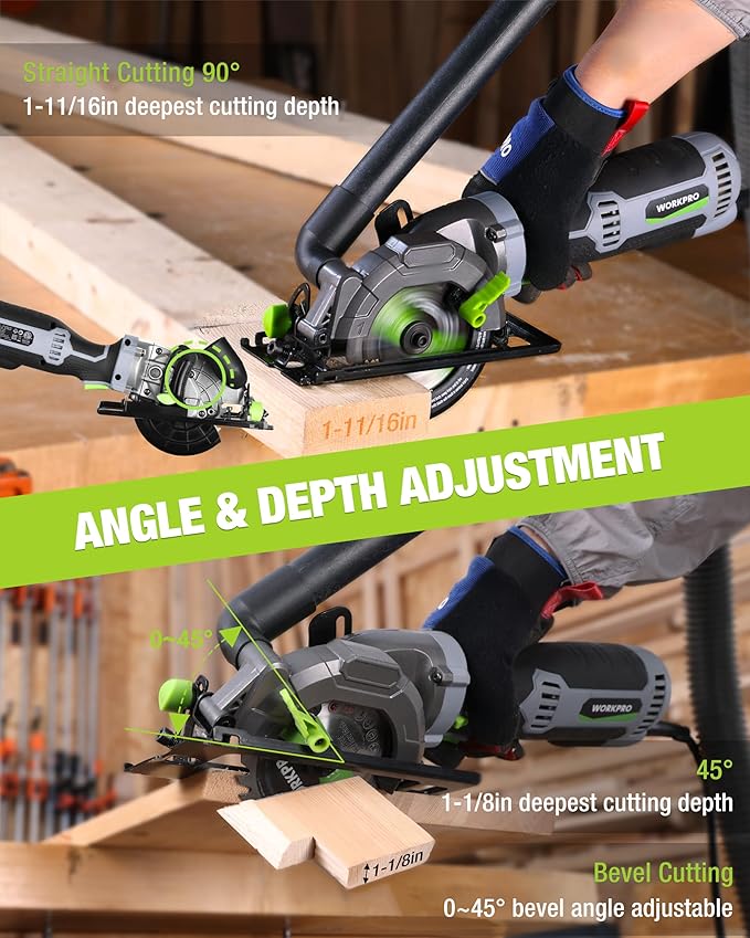 WORKPRO 5.8Amp 3500RPM Circular Saw with Parallel Guide, Maximum Cutting Depth 1-11/16''(90°),1-1/8''(45°), Compact Circular Saw with Three 4-1/2" Blades for Wood, PVC, Tile, Cement Block