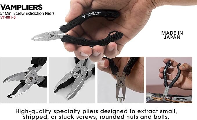 VAMPLIERS 5-Piece Screw Extractor Pliers Set. High Carbon Steel Stripped Screw Removal Tools. Made in Japan: 8" Linesman Pliers, 7.5" Long Nose, 7" Slip-Joint, 6.25" & 5" ESD Safe Grip Pliers.