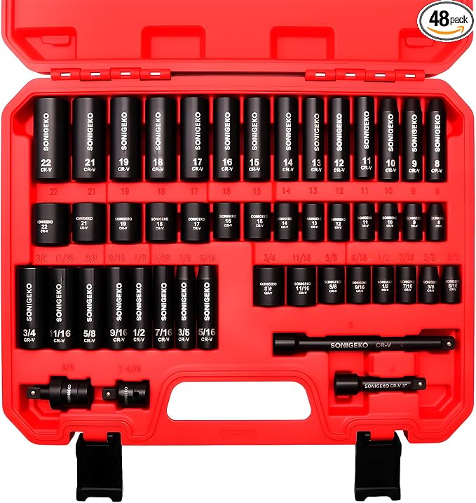 48-Piece 3/8" Drive Impact Socket Set CR-V Steel | SAE (5/16 to 3/4 inch) and Metric (8-22mm) Size, 3" and 6" Drive Extension Bar, Universal Joint, 3/8" to 1/2" Impact Adaptor