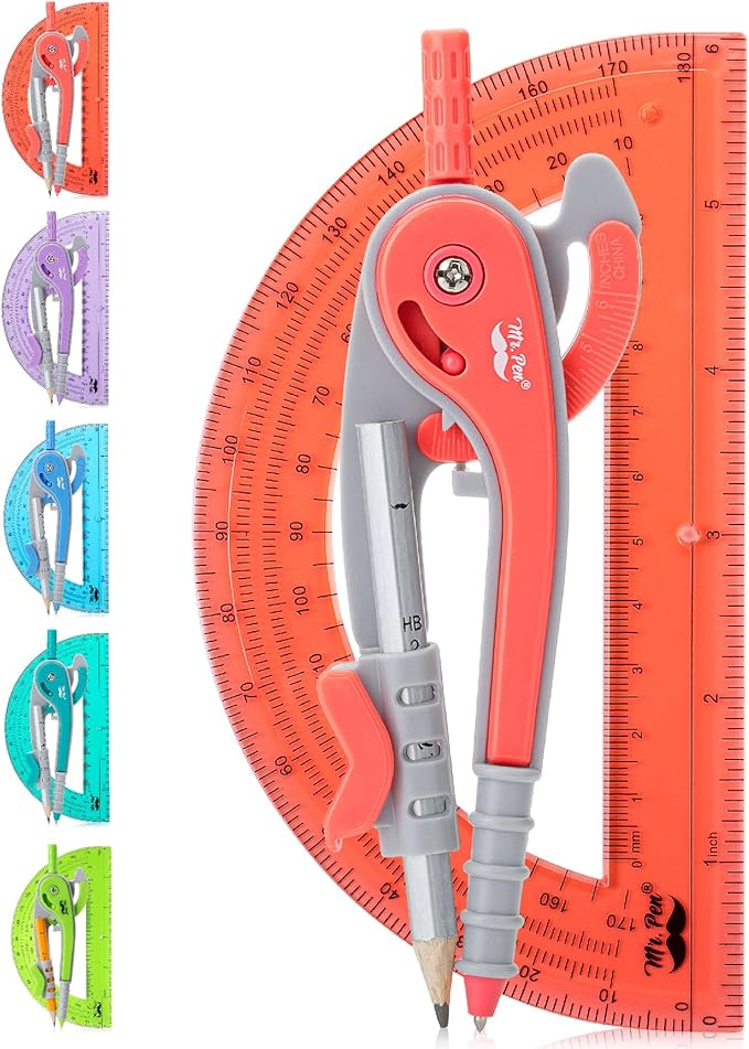 Mr. Pen- Geometry Compass and Protractor Set, 6 Inch Compass, 6 Inch Protractor, Drawing Tool for School, Clear Plastic, Easy Grip, Precision Design for Math, Art, Drafting, Architecture