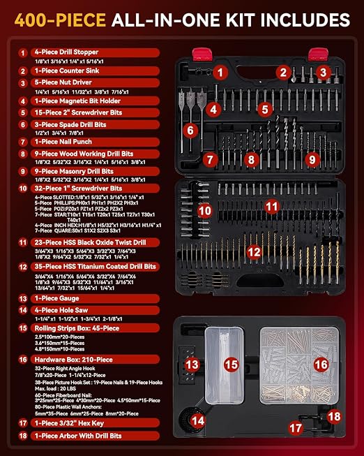 KingTool 400 Pcs Drill Bit Set - Drill Bits Screwdriver Bit Set Case with Drawer, Bit Set Designed for Various Drilling & Screw Driving Tasks for Metal, Wood, Masonry, Perfect for DIY Projects