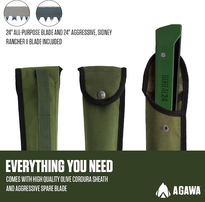AGAWA - BOREAL24 Tripper Kit - Includes 24" Folding Saw, Nylon Carrying Case, 24" All-Purpose & 24" Aggressive Blade - For Camping, Hiking & Survival Gear (Black Frame/Green Handle)