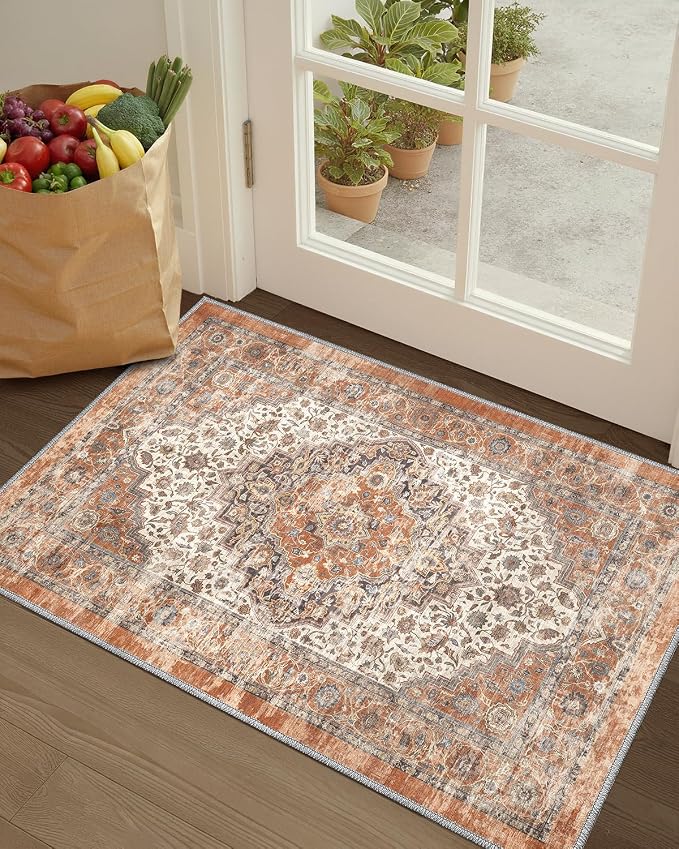 Color&Geometry Vintage Kitchen Rugs Sets of 3, Machine Washable 4mm Ultra Thin Stain Resistant Kitchen Floor Mats, Non Slip TPE Backing Runner for Sink,Hallway,Laundry,Entryway (2x3+2x5+2x7)