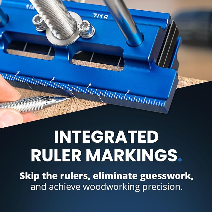 ELEON Self Centering Dowel Jig with Elongated Jaws & Extra Wide Clamp up to 6.7" - Precision Woodworking Made Effortless - Lasting Craftsmanship - Aluminum Alloy Drill with Guide & 6pcs Drill Bushings