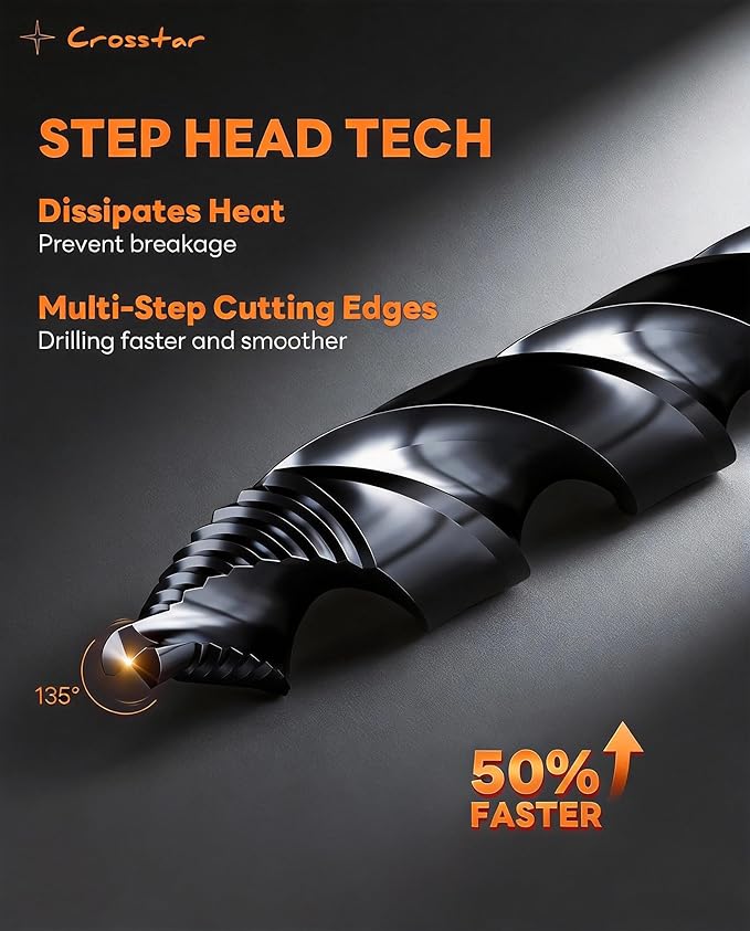 Crosstar Cobalt Stepped Point Drill Bit Set-21pcs 1/16"-1/2" TiAlN Coated Step Drill Head,M35 HSS Jobber Bits,No Pre-Drilling,3-Flat Shank,with Indexed Storage Case,Precise Drilling,for Hardened Steel