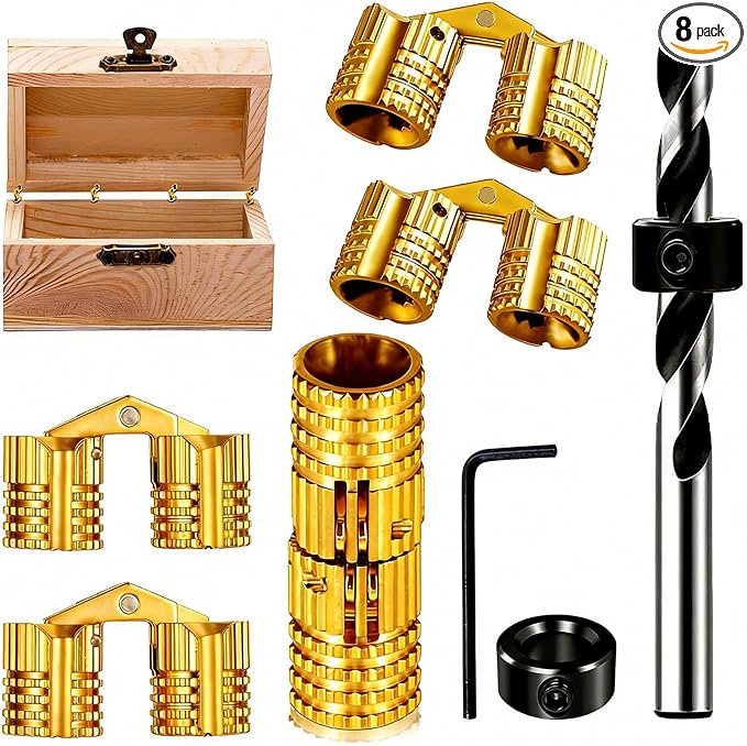 Brass 8mm Hidden Barrel Hinges with Drill Bit and Depth Stop Collar, 180 Degree Concealed Hinges for Wooden Box, Jewelry Box, DIY Crafts, 8 Piece