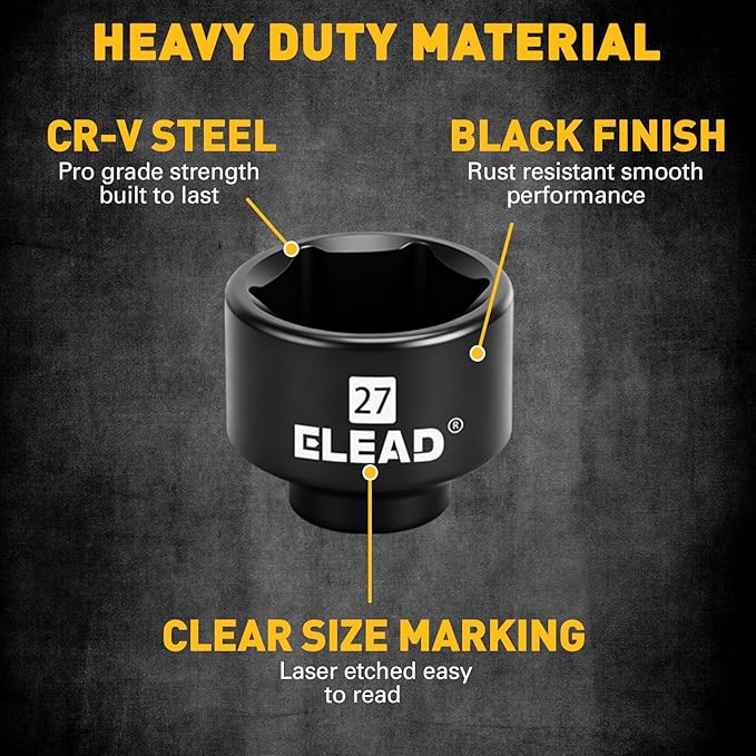 ELEAD 27 mm Oil Filter Socket Wrench, Metric Oil Filter Wrenches, 3/8'' Drive 6-Point Oil-Filter Removal Tool, Low Profile Design for Easy Removal, Chrome Vanadium Steel Oil-Change Tool