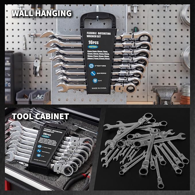 Garvee 16 Piece Metric Ratcheting Wrench Set Combination Ratcheting Wrench | 72-Tooth 5° Swing Arc CR-V Steel | Metric 8-24mm Complete Coverage for Automotive Repair, Mechanical Maintenance DIY Project