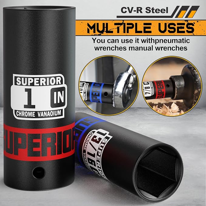 12 Piece 1/2" Drive Impact Socket Set, 3/8" - 1" Deep Socket, SAE, 6 points, CR-V Material, Cars, Motorcycles, Tire Changes