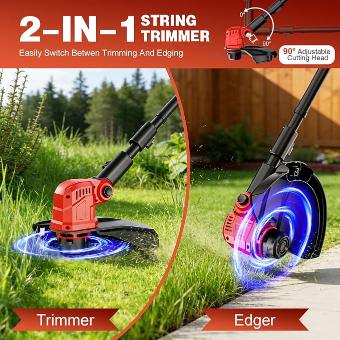6000mAh Cordless Electric Weed Wacker, 12" Brushless Cordless String Trimmer, 4 in 1 Weed Eater/Brush Cutter/Weed Trimmer with 2*Batteries Powered & Auxiliary Wheels, Grass Trimmer (Red A)