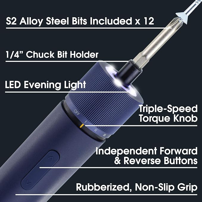 Xiaomi MI HOTO Cordless Power Electric Screwdriver, LED Shadow Light, Variable Speed, USB Rechargeable 1500mAh Li-ion, 12pc S2 Screw Bits, Compact, Robust & Stylish, Highly Portable - Great Gift