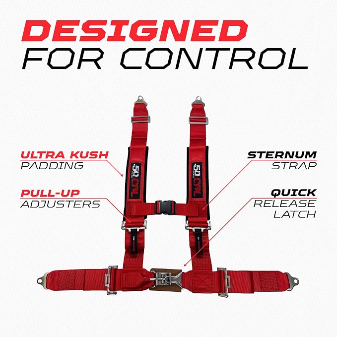 1pc 50 Cal Red 4 Point Harness 2" straps, Racing Harness Seat Belt | Ultra Kush padding, Push Button quick release hardware. Universal Fit for UTV, RZR, race car