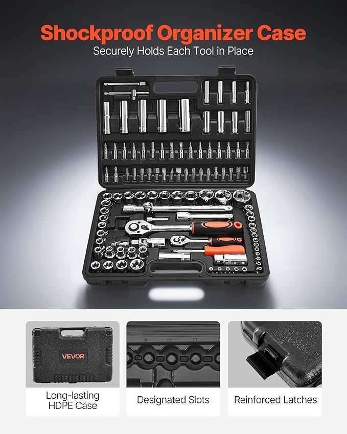 VEVOR Socket Set, 108 Pieces, 1/4 & 1/2 inch Drive Socket and Ratchet Set, Metric Size from 4 to 32 mm, Mechanic Tool Kit with Bits, Accessories, Storage Case, CR-V Alloy Steel, for Automotive Repair | CR-V Socket and Tool Set with Bits, Accessories, S...