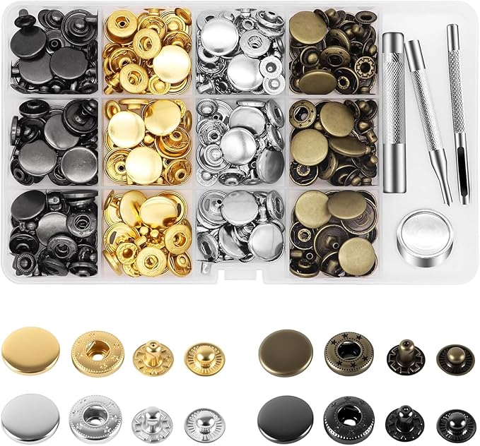 Alritz 17mm Leather Snap Fasteners Kit, 72 Set Metal Button Snaps Press Studs with 4 Setter Tools, 6 Colors Leather Snaps for Clothes, Jackets, Jeans Wears, Bracelets, Bags