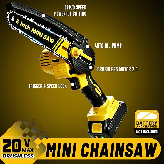 8 Inch Cordless Mini Chainsaw Compatible with Dewalt 20V Max Battery(Only Tool), BESTOOL Brushless High Power Portable Electric Chain Saw for Wood Cutting, Pruning, and Trimming (No Battery)