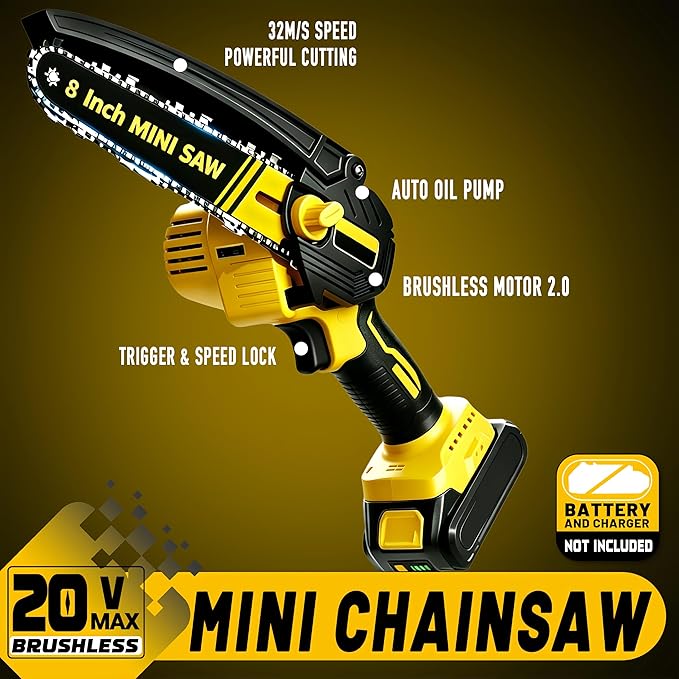 8-Inch Cordless Mini Chainsaw Compatible with Dewalt 20V Max Battery(Only Tool), BESTOOL Brushless Portable Electric Power Chain Saw for Wood Cutting, Pruning, and Trimming (2 Packs)