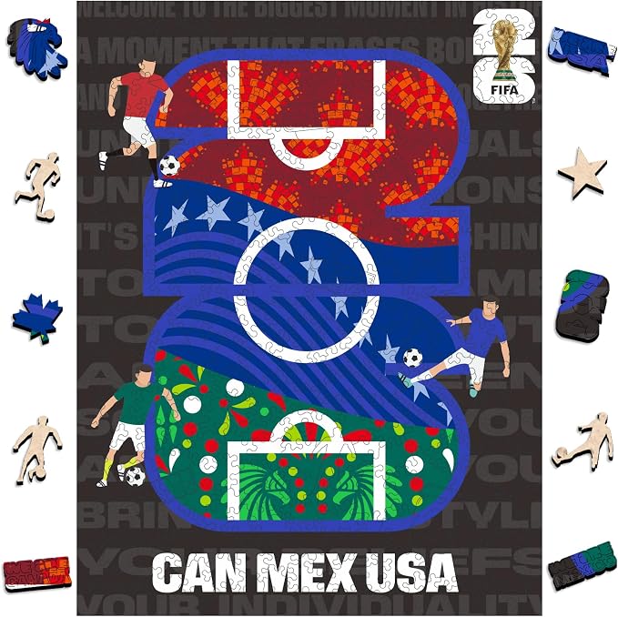 FIFA CAN/MEX/USA Logo Field - Wooden Puzzle for Adult, 300 Pieces Irregular Shape Puzzle, 5MM Thick, Creative Collectible Gift for Fans, Officially Licensed Product, 10 x 14.5