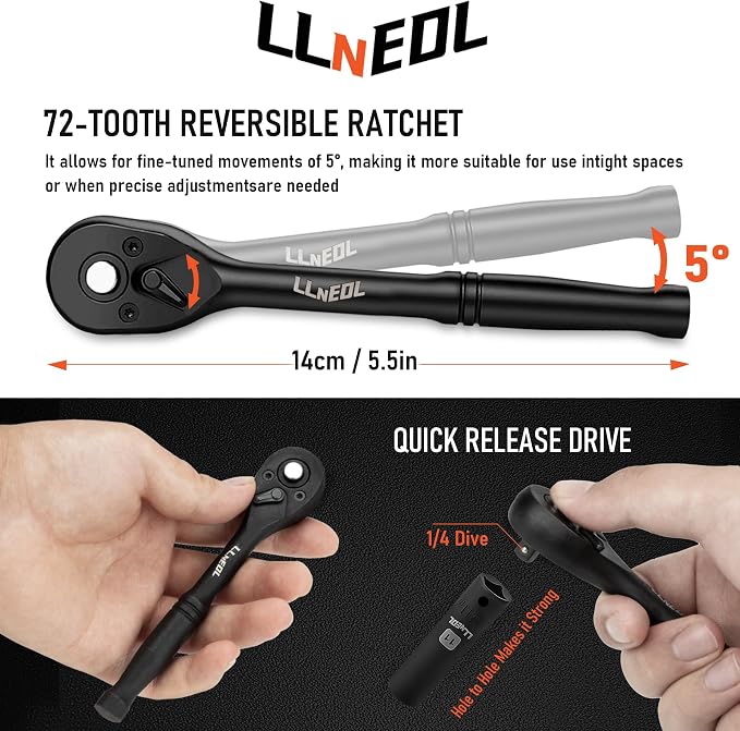 LLNEDL 1/4" Impact Socket Set, 63Pcs Drive Wrench Set Metric | Deep and Shallow 6 Point, Automotive Tool Kit with 72T Ratchet for Bicycle & Car Repairing