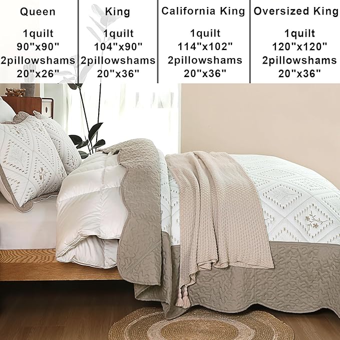 Cmfshape Floral Embroidery Quilt Set,3 Pieces California King Quilt Bedding Set,Classic Diamond Pattern Quilts,Ultra Soft Lightweight Reversible Bedspread Coverlets for All Season(Taupe,114"x102")