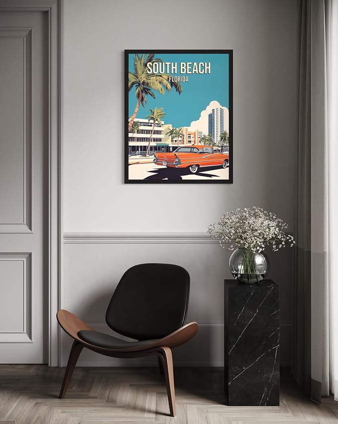 South Beach Florida Wall Art Print Poster, US Vintage Retro Beach Scenery Posters Prints for Restroom Home Picture Painting Artwork Gallery 219 (South Beach Florida, 24 x 36 inches, Unframed)