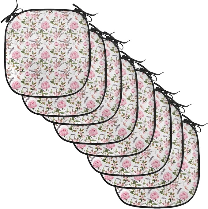 Lunarable Flower Chair Cushion Pads Set of 8, Apple and Cherry Flowers Blossoms Feathers Shabby Classical Botanic Retro, Anti-Slip Seat Padding for Kitchen & Patio, 16"x16", Pale Pink Green Grey