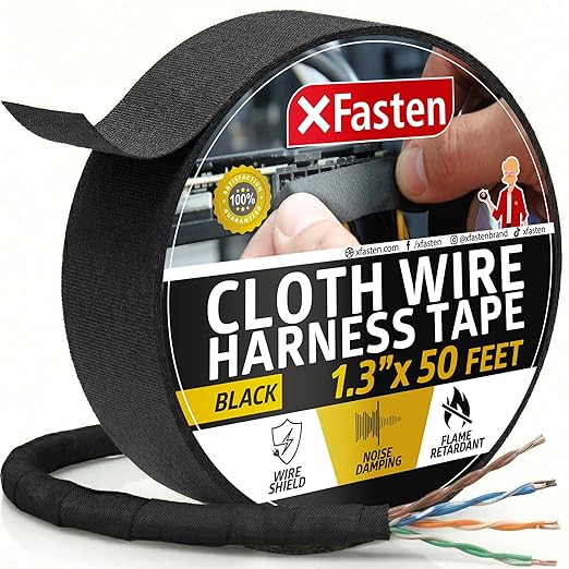 XFasten Wire Harness Tape, 1.3-Inch x 50-Foot, High Temp Wiring Loom Harness, Self-Adhesive Felt Cloth Electrical Tape for Automotive Engines, Noise Dampening, and Cable Protection