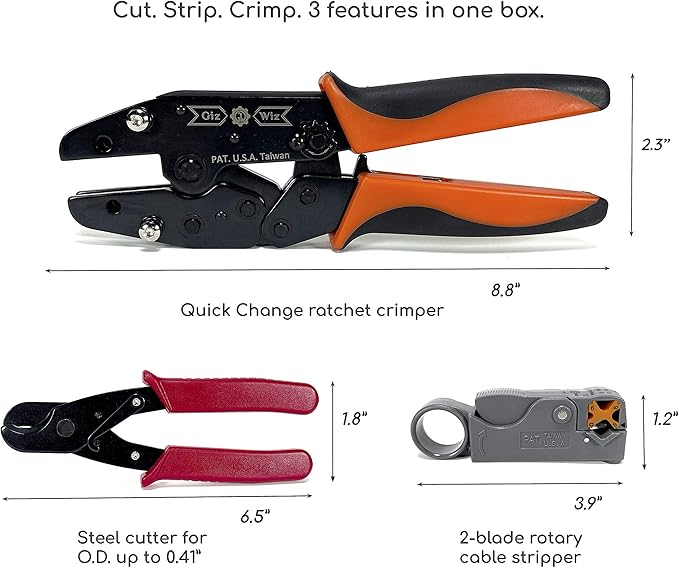 Professional All-In-One RF Coax Quick Change Tool Kit Crimper Cutter Stripper 5 Interchangeable Die Sets