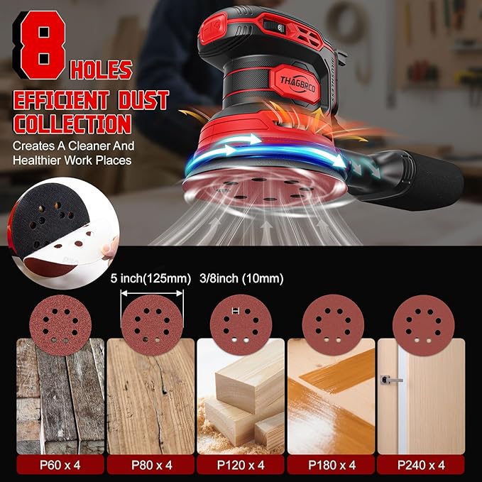 Cordless Orbital Sander Compatible For Milwaukee 18V, Electric Orbit Sander with Brushless 12000 RPM 6 Variable discs Speed Sander Machine With Dust Collector for Woodworking Sanding (No Battery)