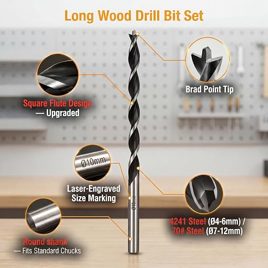Extra Long 9" Brad Point Wood Drill Bit Set Metric - 7 Pack Carpenters Quality - Drill Splinter-Free Perfectly Round Holes in All Types of Wood (4mm, 5mm, 6mm, 7mm, 8mm, 10mm, 12mm)