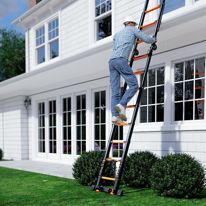 SINMEIRUN Telescoping Ladder, 20.3 FT, A Frame, Aluminum Extension Ladder, 330 lbs Capacity, Collapsible Multi-Purpose Ladder for Home, Roof and RV; Orange