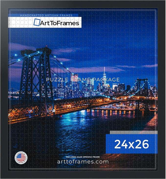 ArtToFrames Puzzle Frame for Buffalo Games 50 Piece Jigsaw Puzzles, 24x26 Inch (61x66 cm), Soft Black Engineered Wood with Economy Acrylic, Ready to Hang Puzzle Display
