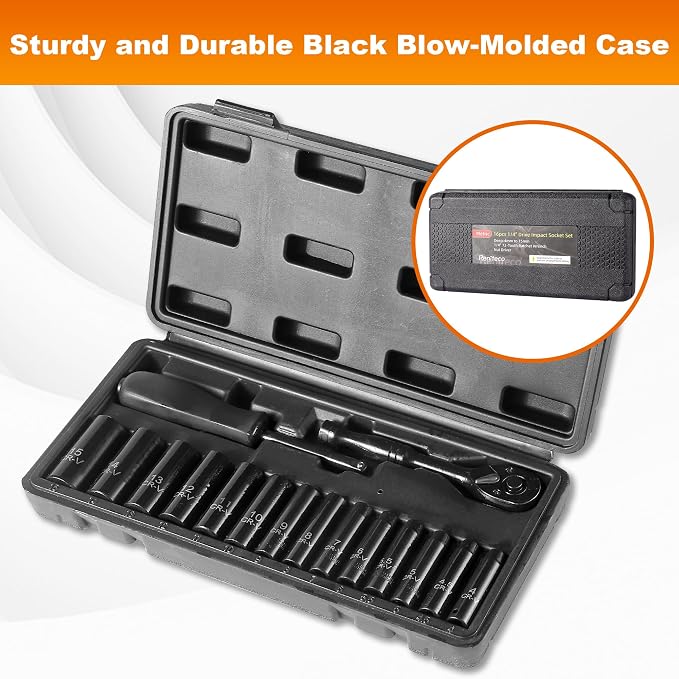Reniteco 16-Piece 1/4" Drive Socket Set, Metric 4-15mm, 72-Tooth, Cr-V | Deep Sockets, 6-Point Design, 72-Tooth Ratchet Wrench, Drive Spinner Handle, Cr-V Steel, Ideal for Tight Spaces