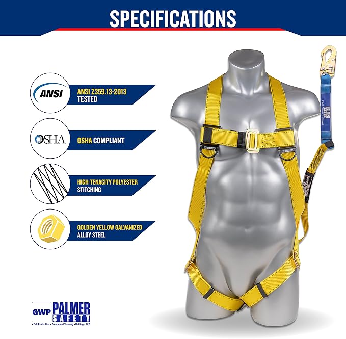 Safety Harness w/Detachable 6 ft Lanyard I Single Leg Lanyard w/Internal Shock Absorbing & Snap Hook
