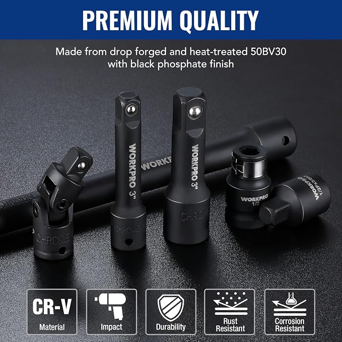 WORKPRO 18-Piece Impact Socket Extension Set, 1/4", 3/8" & 1/2" Drive | Includes Socket Adapters, Ratchet Extension Set, Socket Extension Bar, Swivel Universal Joints and Impact Coupler