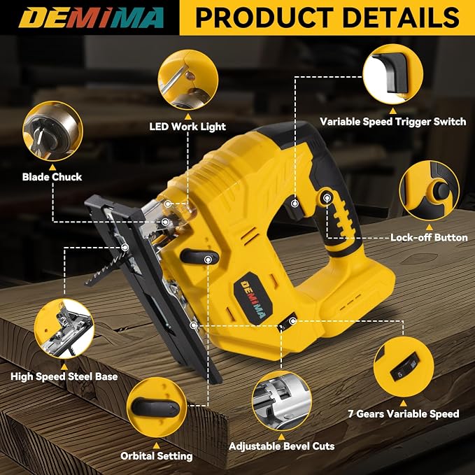 Cordless Jig Saw for Dewalt Battery, 7 Speed Variable Up to 3200RPM, LED Light, 45° Bevel Cuts, 3 Orbital Motions, with Jig Saw Blade for Straight/Curve/Circle Cutting(Battery Not Include)