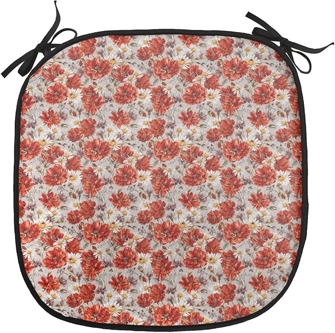 Lunarable Flower Chair Cushion Pads Set of 6, Blooming Poppies Ladybug Bumblebee Bee and Butterflies Summer Joyful, Anti-Slip Seat Padding for Kitchen & Patio, 16"x16", Vermilion Yellow Beige