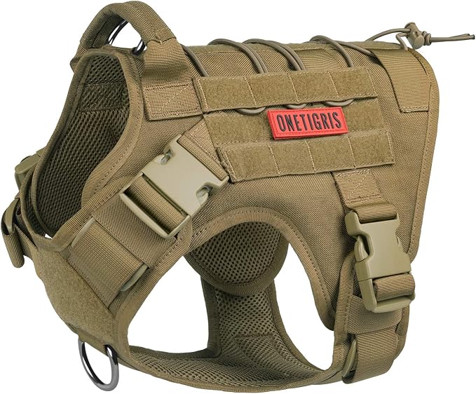 OneTigris Tactical Dog Harness with Handle No-Pull Adjustable for Large Dog | Military 1000D Pullable Nylon, Service Dog Vest with Hook & Loop Panels, Easy On & Off for Walking Hiking Training Brown L