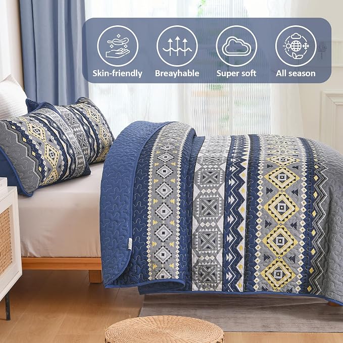 WONGS BEDDING 3 Pieces Quilt Set King Size, Navy Blue Quilt Bedspread Lightweight Bohemian Coverlet Set with 2 Pillowcase, Soft Geometry Printed Bedding Set King for All Season 104"×90"