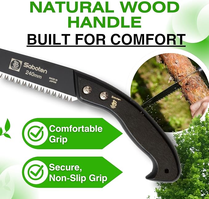 Saboten Japanese Pruning Saw 9.4 in (240mm) – Fluorine-Coated High-Carbon Steel Blade, 7.5mm Tooth Pitch, Smooth Pull Cuts, Wooden Handle, Wood Sheath Included, Made in Japan