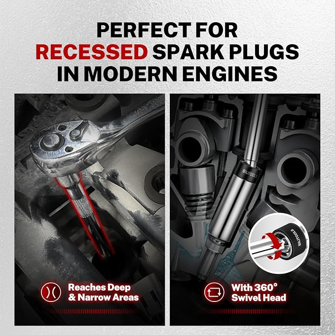 BILITOOLS 7pcs Magnetic Swivel Spark Plug Socket Set & Gap Tool, 3/8" Drive | 9/16,5/8,14,16mm Magnetic Swivel Sockets in 6 & 12-Point, Plus Gap Tool & Case — CR-V Steel, Rust-Resistant