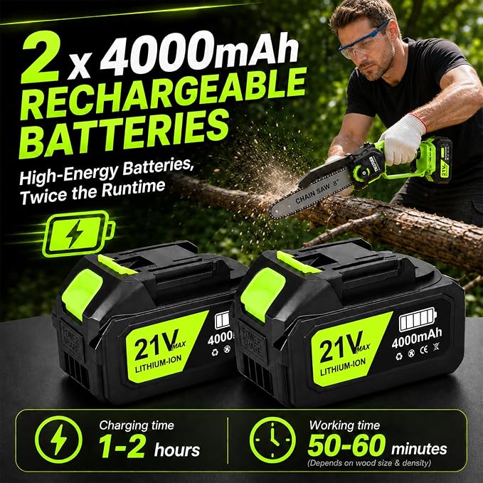 TNELTUEB 4-In-1 Cordless Pole Saw & Mini Chainsaw, 6"&8" Pole Saws For Tree Trimming with 15.6ft Extendable Pole, 180° Adjustable Angle, 1000W Brushless Motor, Electric Chainsaw with 2×4.0Ah Batteries