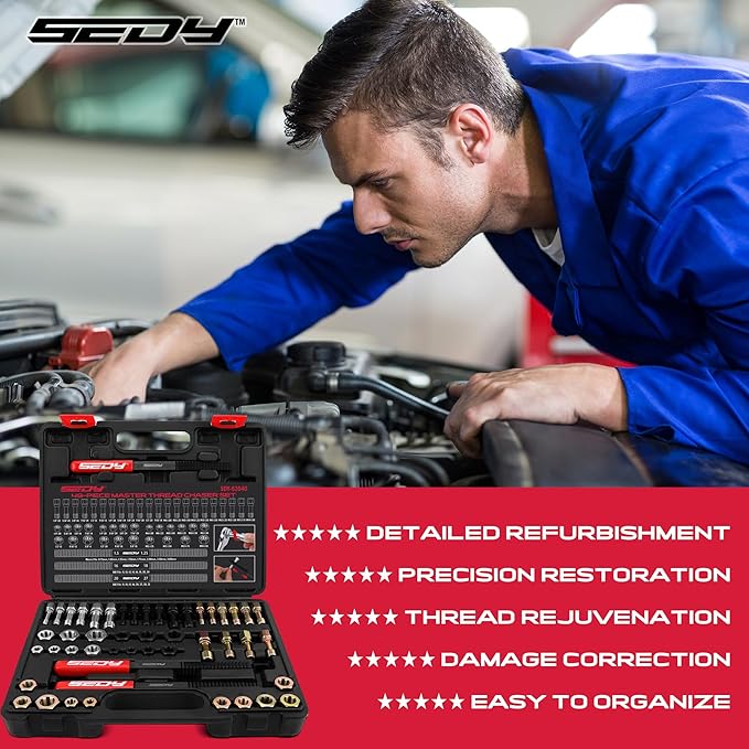 Thread Repair Thread Chaser Tool Set - 49PCS Thread Cleaner Rethreading Master Kit Metric SAE Bolt Restorer File Nut Rethreader Automotive Wheel Stud Spark Plug Engine Standard Screw Threading UNC UNF