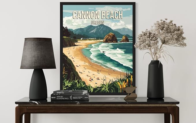 Cannon Beach Oregon Black Framed Wall Art Print Poster, US Vintage Retro Beach Scenery Posters Prints for Restroom Home Picture Painting Artwork Gallery 219 (Cannon Beach Oregon, 24"L x 18"W, Black Frame)