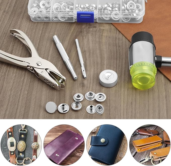 QWORK 200 Pieces Stainless Steel Snap Fastener Kit with 15mm Snap Cap Diameter, Including Hole Punch Pliers and Setting Tools, for Canvas, Tarpaulins, Garments