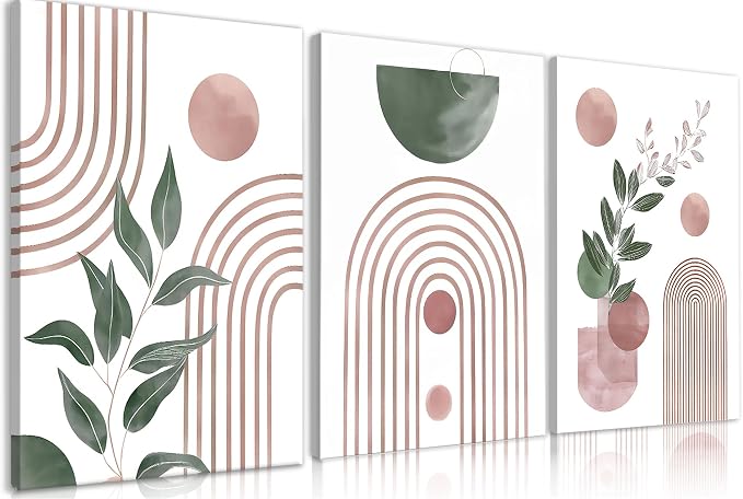 Frimeeme Framed Large Boho Pink and Green Canvas Print Set of 3 ，Abstract Leaves Geometry, Ready to Hang, 16x24 Inches